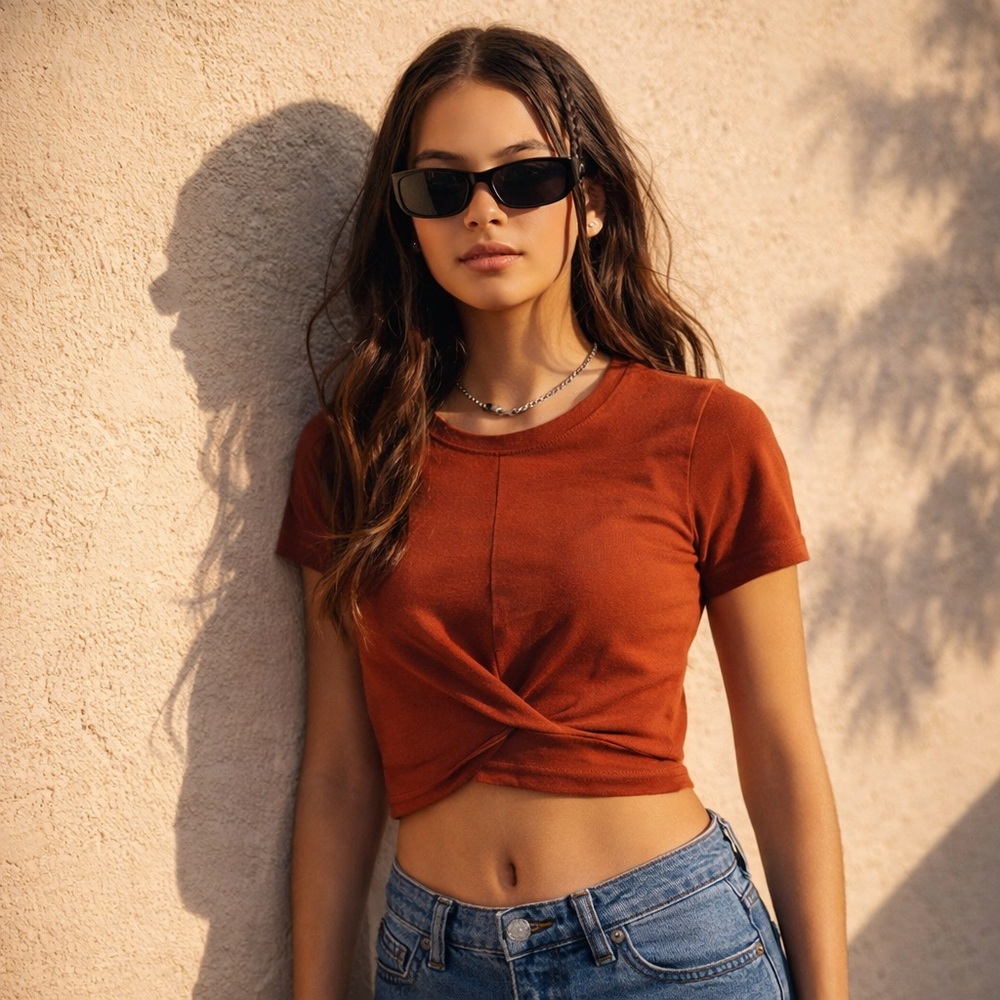 Hollister Rust Baby Tee XXS Fitted Twist Front Crop Top